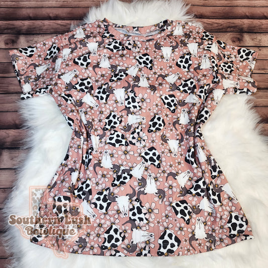 (RTS) 4T COW SKULL AND TAGS OVER SIZED TEE DRESS