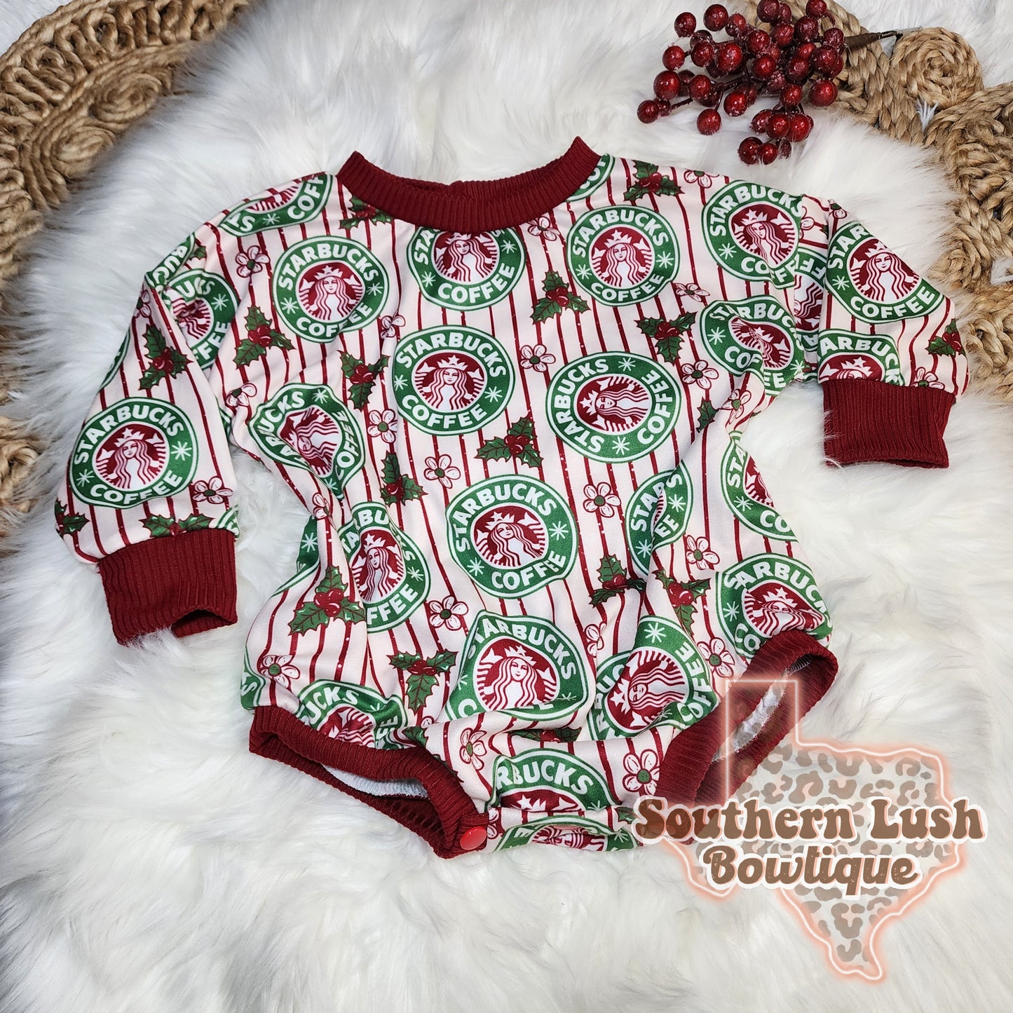 9/12m Holiday Drink Sweater Romper w/snaps